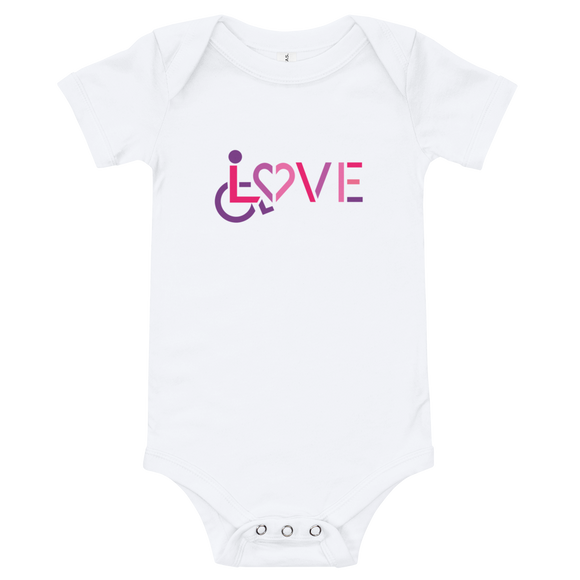 baby onesie babysuit bodysuit showing love for the special needs community heart disability wheelchair diversity awareness acceptance disabilities inclusivity inclusion