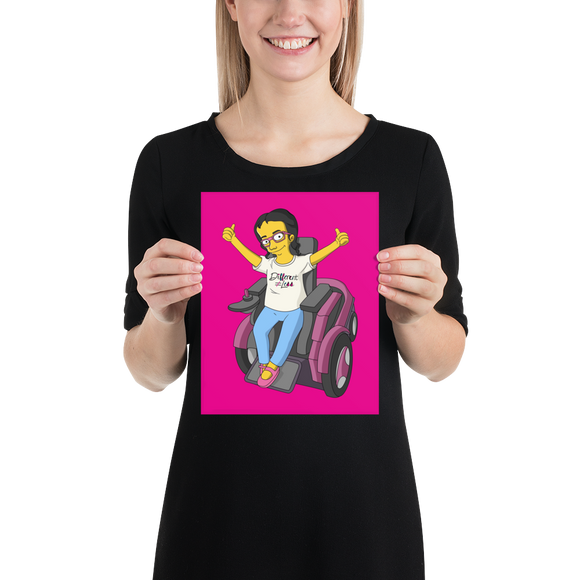 poster yellow cartoon drawing illustration of Esperanza in wheelchair from Raising Dion Netflix Sammi Haney sassy girl pink glasses fan disability osteogenesis imperfecta