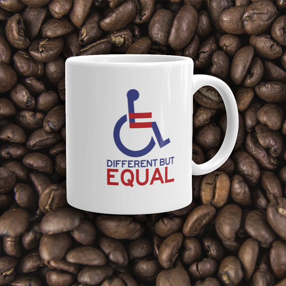 coffee mug different but equal disability logo equal rights discrimination prejudice ableism special needs awareness diversity wheelchair inclusion acceptance