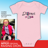 Baby Onesie Babysuit Different Does Not Equal Less Netflix Raising Dion Esperanza Sammi Haney #DDNEL disability inclusion wheelchair awareness