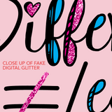 close up of fake digital glitter for Diffferent Does Not Equal Less shirt