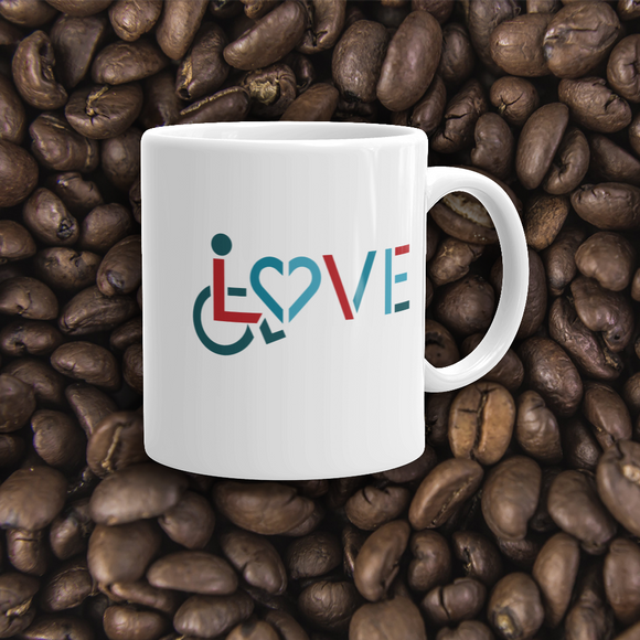 coffe mug showing love for the special needs community heart disability wheelchair diversity awareness acceptance disabilities inclusivity inclusion