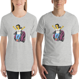 Shirt yellow cartoon drawing illustration of Esperanza in wheelchair from Raising Dion Netflix Sammi Haney sassy girl pink glasses fan disability osteogenesis imperfecta