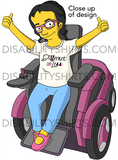 close up of Shirt yellow cartoon drawing illustration of Esperanza in wheelchair from Raising Dion Netflix Sammi Haney sassy girl pink glasses fan disability osteogenesis imperfecta