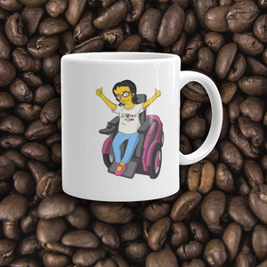 coffee mug yellow cartoon drawing illustration of Esperanza in wheelchair from Raising Dion Netflix Sammi Haney sassy girl pink glasses fan disability osteogenesis imperfecta