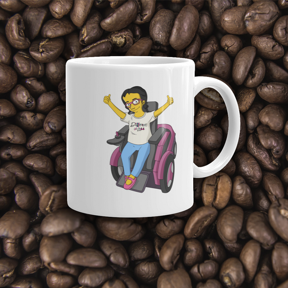 coffee mug yellow cartoon drawing illustration of Esperanza in wheelchair from Raising Dion Netflix Sammi Haney sassy girl pink glasses fan disability osteogenesis imperfecta