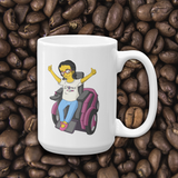 coffee mug yellow cartoon drawing illustration of Esperanza in wheelchair from Raising Dion Netflix Sammi Haney sassy girl pink glasses fan disability osteogenesis imperfecta