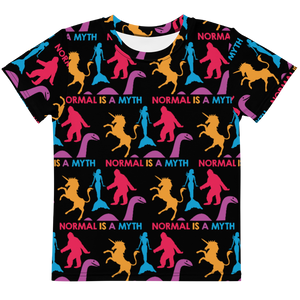 Normal is a Myth (Bigfoot, Mermaid, Unicorn & Loch Ness Monster Pattern) Kids Crew Neck T-shirt