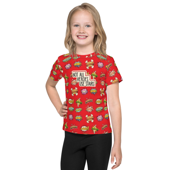 Not All Heroes Use Stairs (Kids Crew Neck T-shirt) Comic Book Speech Bubbles Pattern 