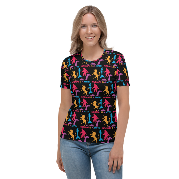 Normal is a Myth (Bigfoot, Mermaid, Unicorn & Loch Ness Monster Pattern) Women's Crew Neck T-shirt