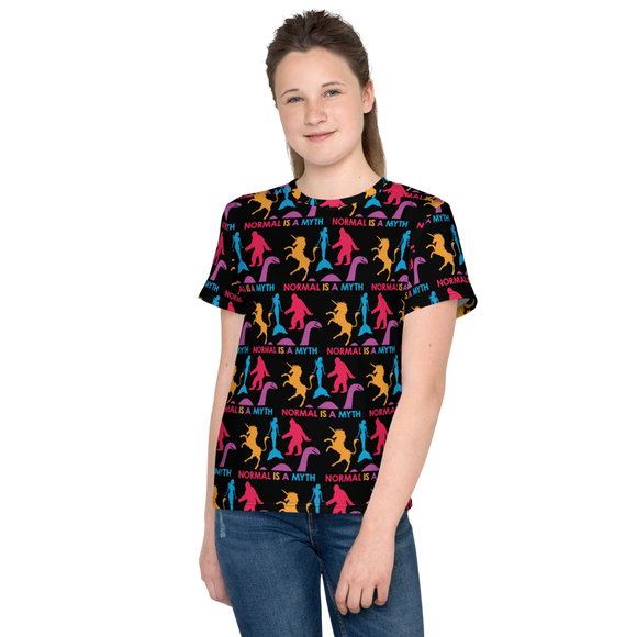 Normal is a Myth (Bigfoot, Mermaid, Unicorn & Loch Ness Monster Pattern) Youth Crew Neck T-shirt