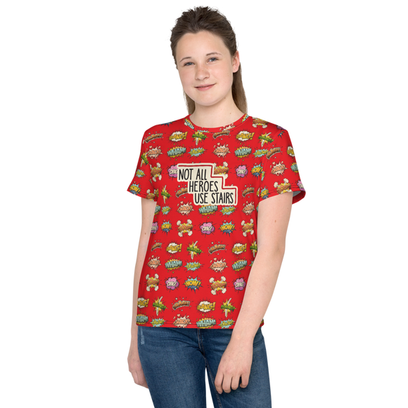 Not All Heroes Use Stairs (Youth Crew Neck T-shirt) Comic Book Speech Bubbles Pattern