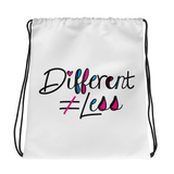 Different Does Not Equal Less (As Seen on Netflix's Raising Dion) White Drawstring Bag