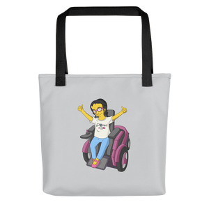 tote bag yellow cartoon drawing illustration of Esperanza in wheelchair from Raising Dion Netflix Sammi Haney sassy girl pink glasses fan disability osteogenesis imperfecta