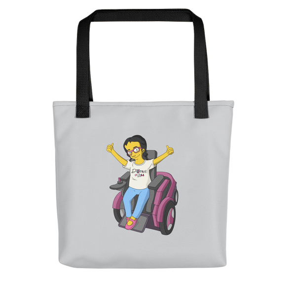 tote bag yellow cartoon drawing illustration of Esperanza in wheelchair from Raising Dion Netflix Sammi Haney sassy girl pink glasses fan disability osteogenesis imperfecta