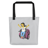 tote bag yellow cartoon drawing illustration of Esperanza in wheelchair from Raising Dion Netflix Sammi Haney sassy girl pink glasses fan disability osteogenesis imperfecta