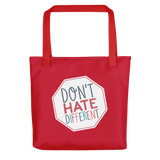 tote bag Don’t hate different stop inclusiveness discrimination prejudice ableism disability special needs awareness diversity inclusion acceptance