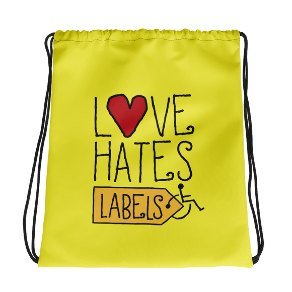 drawstring bag Love Hates Labels disability special needs awareness diversity wheelchair inclusion inclusivity acceptance