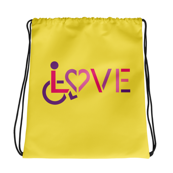 drawstring bag showing love for the special needs community heart disability wheelchair diversity awareness acceptance disabilities inclusivity inclusion