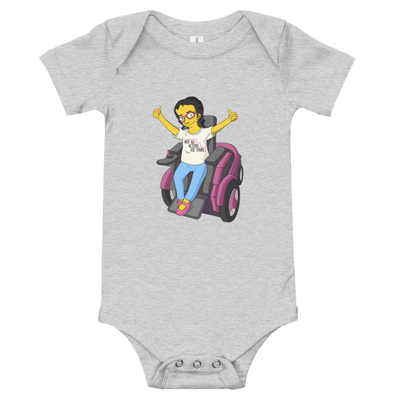 baby onesie babysuit bodysuit Not All Actor Use Stairs yellow cartoon Raising Dion Esperanza Netflix Sammi Haney ableism disability rights inclusion wheelchair actors disabilities actress
