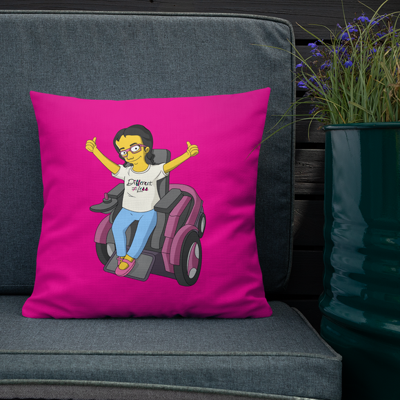 pillow yellow cartoon drawing illustration of Esperanza in wheelchair from Raising Dion Netflix Sammi Haney sassy girl pink glasses fan disability osteogenesis imperfecta