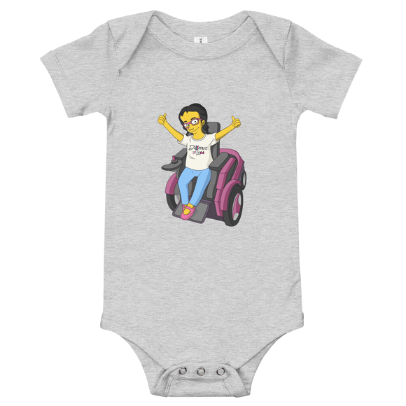 baby onesie babysuit bodysuit yellow cartoon drawing illustration of Esperanza in wheelchair from Raising Dion Netflix Sammi Haney sassy girl pink glasses fan disability osteogenesis imperfecta