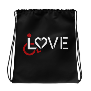 drawstring bag showing love for the special needs community heart disability wheelchair diversity awareness acceptance disabilities inclusivity inclusion