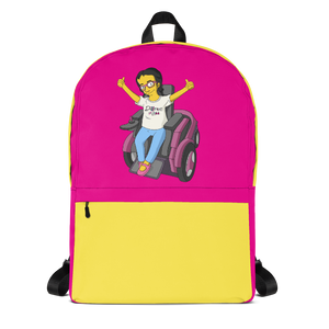 school backpack yellow cartoon drawing illustration of Esperanza in wheelchair from Raising Dion Netflix Sammi Haney sassy girl pink glasses fan disability osteogenesis imperfecta