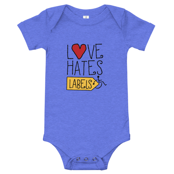 baby onesie babysuit bodysuit Shirt Love Hates Labels disability special needs awareness diversity wheelchair inclusion inclusivity acceptance