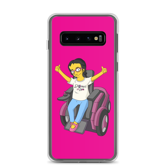 Samsung case yellow cartoon drawing illustration of Esperanza in wheelchair from Raising Dion Netflix Sammi Haney sassy girl pink glasses fan disability osteogenesis imperfecta