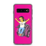 Samsung case yellow cartoon drawing illustration of Esperanza in wheelchair from Raising Dion Netflix Sammi Haney sassy girl pink glasses fan disability osteogenesis imperfecta