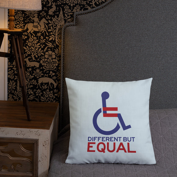 pillow different but equal disability logo equal rights discrimination prejudice ableism special needs awareness diversity wheelchair inclusion acceptance
