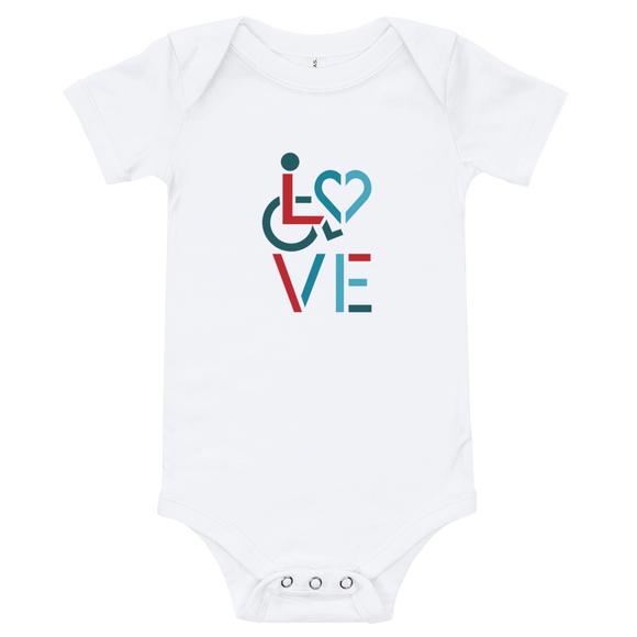 baby onesie babysuit bodysuit showing love for the special needs community heart disability wheelchair diversity awareness acceptance disabilities inclusivity inclusion