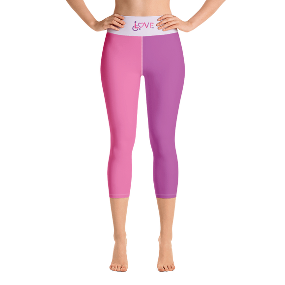 Yoga capri leggings showing love for the special needs community heart disability wheelchair diversity awareness acceptance disabilities inclusivity inclusion