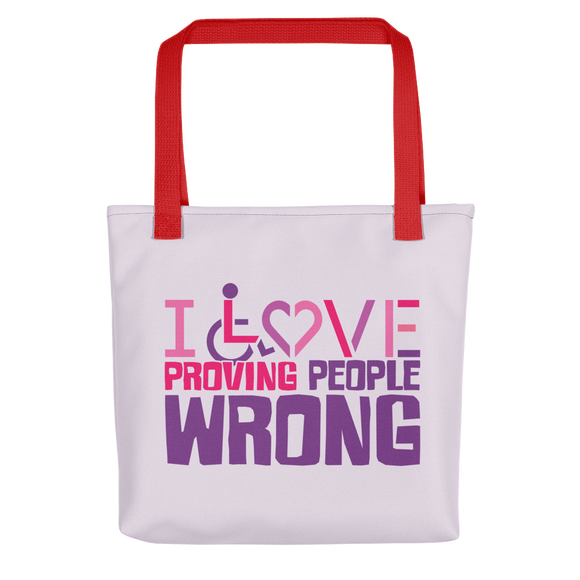 tote bag I love proving people wrong expectations disability special needs awareness wheelchair impaired assumptions