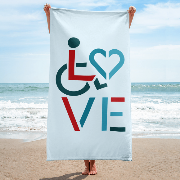 beach towel showing love for the special needs community heart disability wheelchair diversity awareness acceptance disabilities inclusivity inclusion
