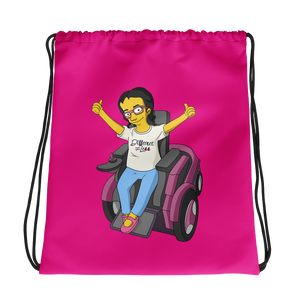 drawstring bag yellow cartoon drawing illustration of Esperanza in wheelchair from Raising Dion Netflix Sammi Haney sassy girl pink glasses fan disability osteogenesis imperfecta