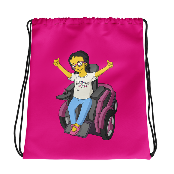 drawstring bag yellow cartoon drawing illustration of Esperanza in wheelchair from Raising Dion Netflix Sammi Haney sassy girl pink glasses fan disability osteogenesis imperfecta