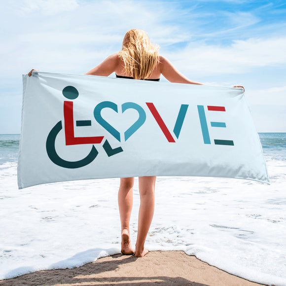 beach towel showing love for the special needs community heart disability wheelchair diversity awareness acceptance disabilities inclusivity inclusion