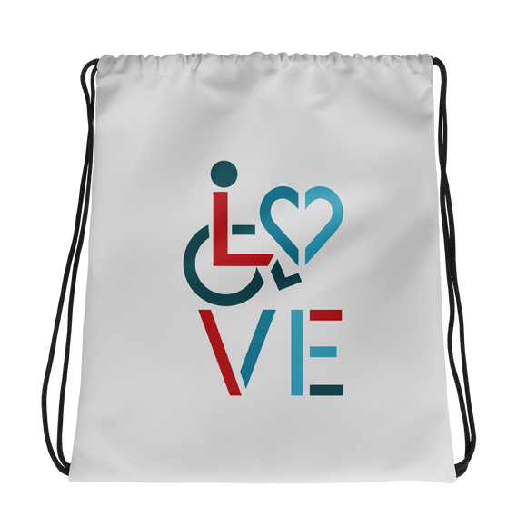 drawstring bag showing love for the special needs community heart disability wheelchair diversity awareness acceptance disabilities inclusivity inclusion