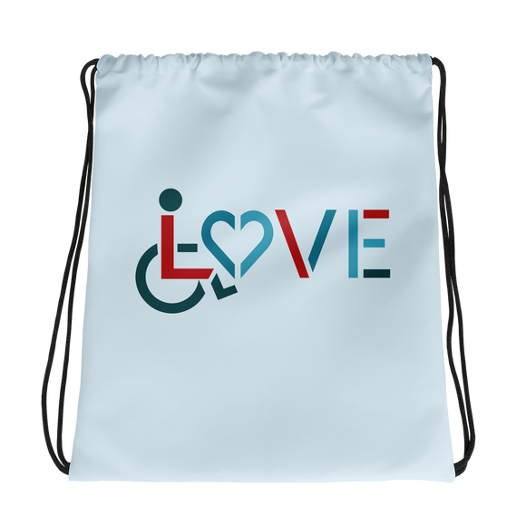 drawstring bag showing love for the special needs community heart disability wheelchair diversity awareness acceptance disabilities inclusivity inclusion