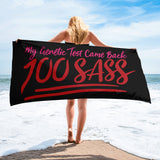beach towel My Genetic Test Came Back 100 Sass sassy DNA 100 100% results Raising Dion Esperanza Sammi Haney rare disease chromosomes