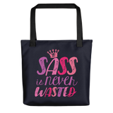 Sass is Never Wasted (Pink on Navy Tote Bag)