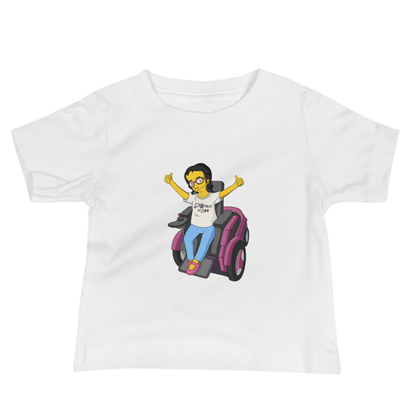 Shirt yellow cartoon drawing illustration of Esperanza in wheelchair from Raising Dion Netflix Sammi Haney sassy girl pink glasses fan disability osteogenesis imperfecta