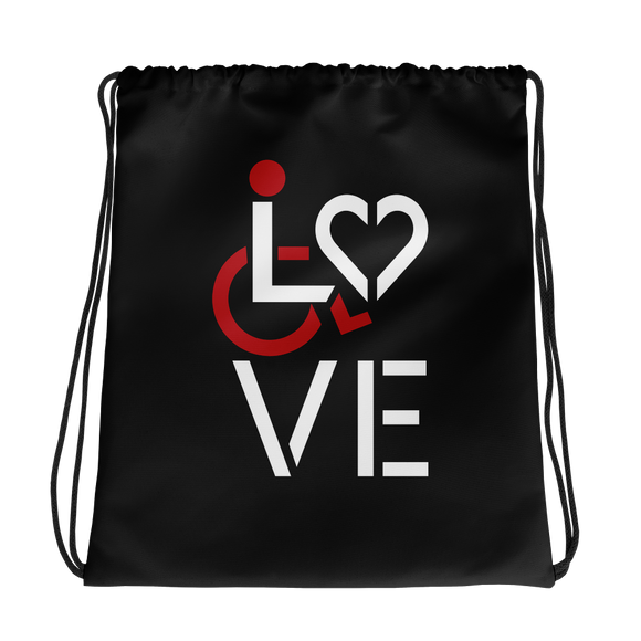 drawstring bag showing love for the special needs community heart disability wheelchair diversity awareness acceptance disabilities inclusivity inclusion