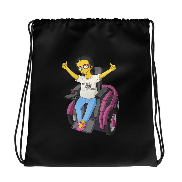 drawstring bag Not All Actor Use Stairs yellow cartoon Raising Dion Esperanza Netflix Sammi Haney ableism disability rights inclusion wheelchair actors disabilities actress