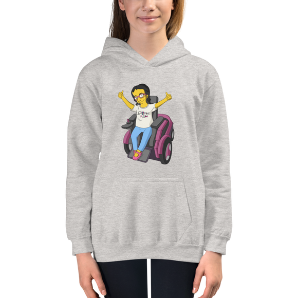 Kid's Hoodie yellow cartoon drawing illustration of Esperanza in wheelchair from Raising Dion Netflix Sammi Haney sassy girl pink glasses fan disability osteogenesis imperfecta