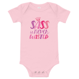 baby onesie babysuit bodysuit sass is never wasted sassy Raising Dion Esperanza fan Netflix Sammi Haney girl wheelchair pink glasses disability osteogenesis imperfecta