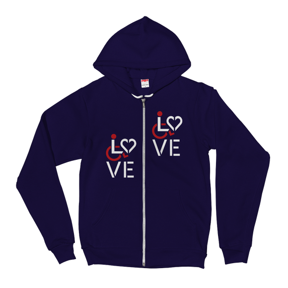Zip-Up Hoodie Sweater showing love for the special needs community heart disability wheelchair diversity awareness acceptance disabilities inclusivity inclusion