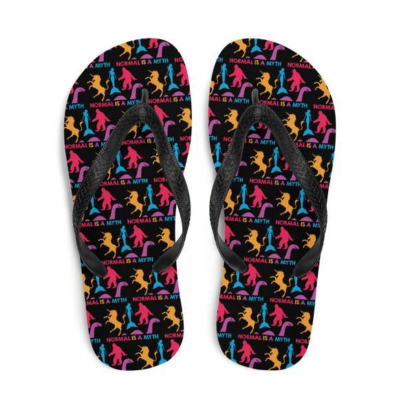 Normal is a Myth (Bigfoot, Mermaid, Unicorn & Loch Ness Monster Pattern) Flip-Flops